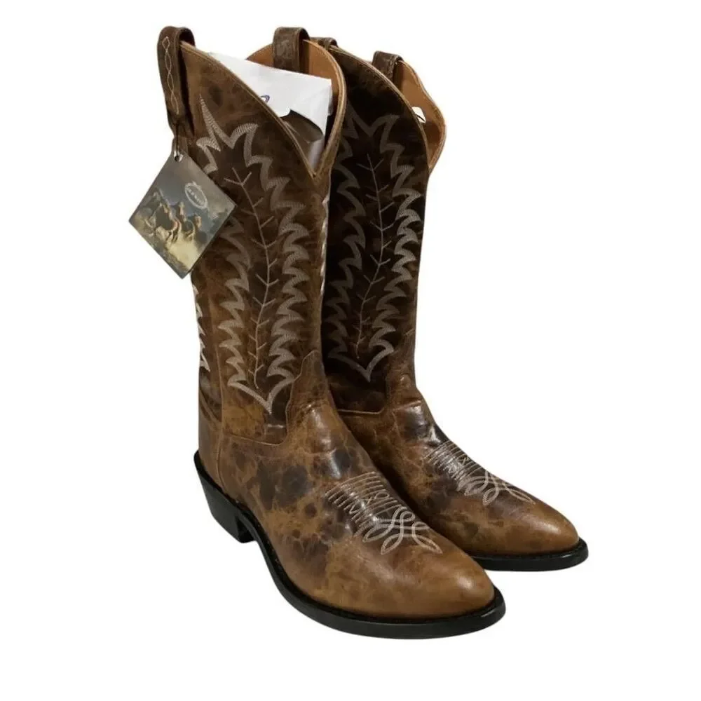 Old West Cowboy Boots Men 10.5 EE Brown Leather Pointed Toe Embroidery Western